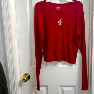 red long sleeve, worn twice, soft material.
